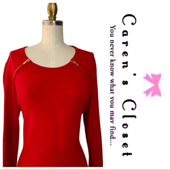 Calvin Klein Gold Zipper Red Sweater Dress - Picture 4 of 5